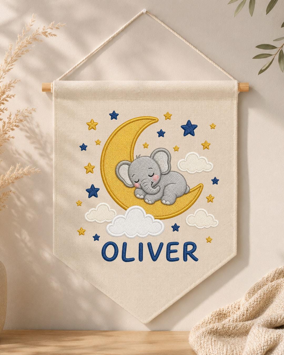 Personalized Elephant Moon Nursery Wall Hanging, Custom Name Embroidered Banner, Sleeping Elephant Baby Boy Room Decor, Celestial Gift