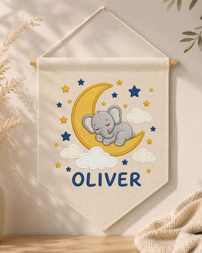 Personalized Elephant Moon Nursery Wall Hanging, Custom Name Embroidered Banner, Sleeping Elephant Baby Boy Room Decor, Celestial Gift