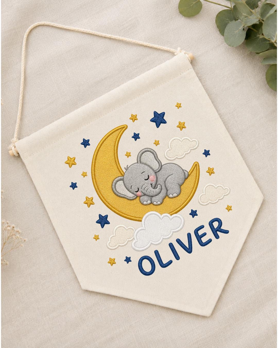 Personalized Elephant Moon Nursery Wall Hanging, Custom Name Embroidered Banner, Sleeping Elephant Baby Boy Room Decor, Celestial Gift