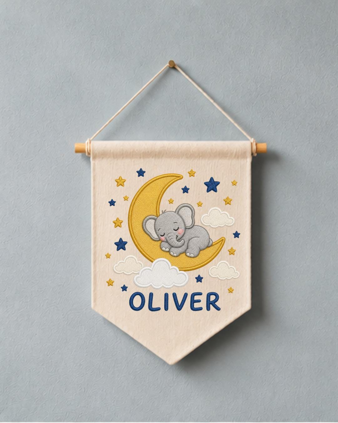 Personalized Elephant Moon Nursery Wall Hanging, Custom Name Embroidered Banner, Sleeping Elephant Baby Boy Room Decor, Celestial Gift