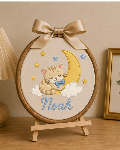 Personalized Sleeping Cat Embroidered Ornament, Custom Baby Name Hoop, Moon and Stars Nursery Decor, Baby Boy Gift, Newborn Keepsake