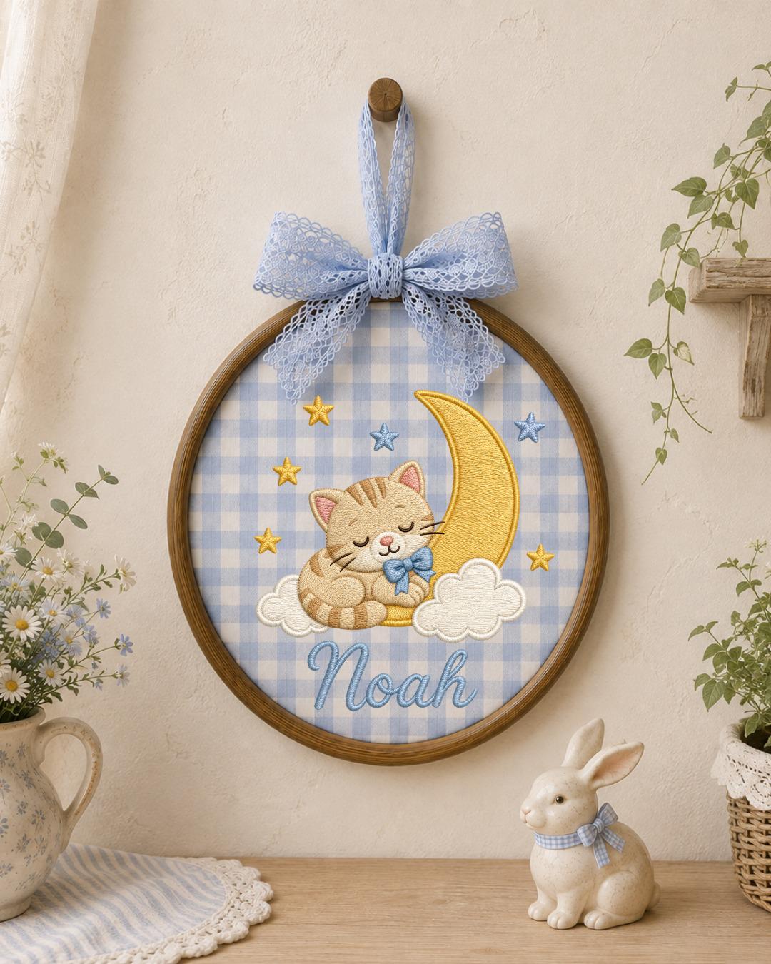 Personalized Sleeping Cat Embroidered Ornament, Custom Baby Name Hoop, Moon and Stars Nursery Decor, Baby Boy Gift, Newborn Keepsake