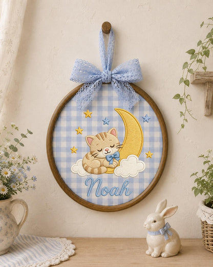 Personalized Sleeping Cat Embroidered Ornament, Custom Baby Name Hoop, Moon and Stars Nursery Decor, Baby Boy Gift, Newborn Keepsake