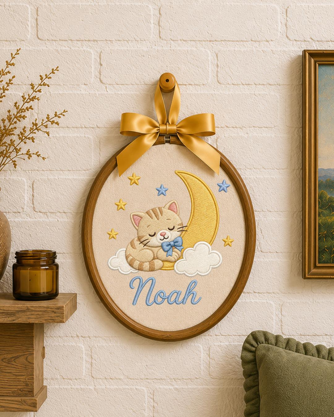 Personalized Sleeping Cat Embroidered Ornament, Custom Baby Name Hoop, Moon and Stars Nursery Decor, Baby Boy Gift, Newborn Keepsake