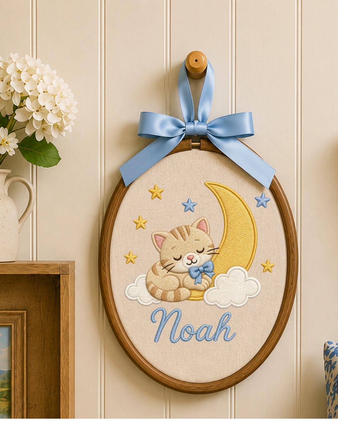 Personalized Sleeping Cat Embroidered Ornament, Custom Baby Name Hoop, Moon and Stars Nursery Decor, Baby Boy Gift, Newborn Keepsake