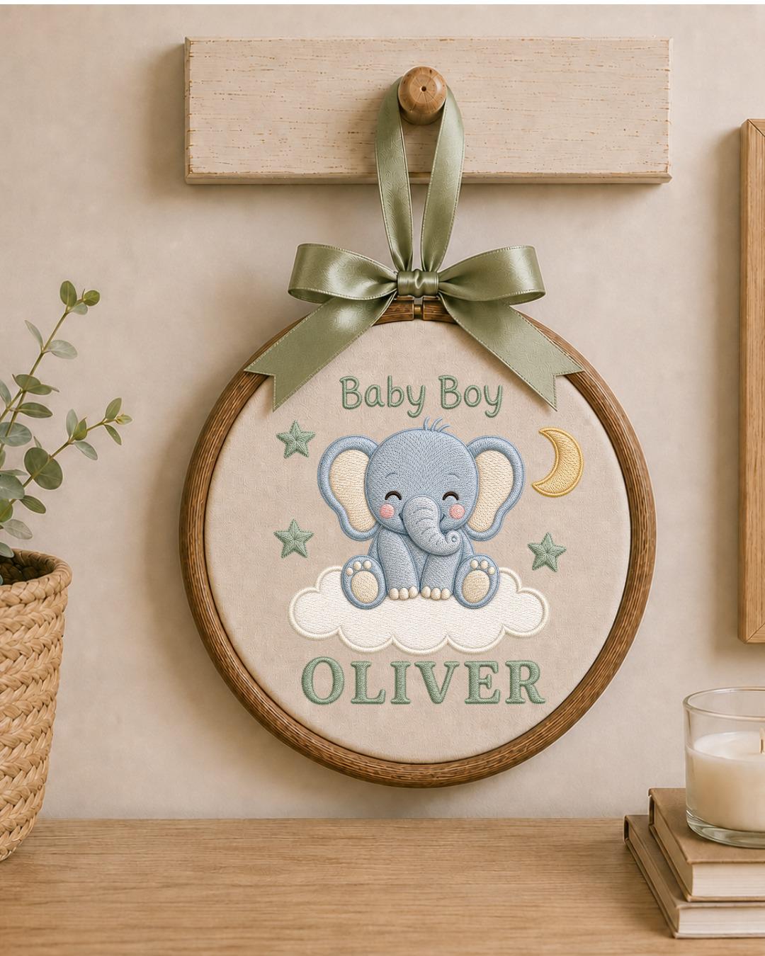 Personalized Baby Elephant Embroidered Ornament, Custom Baby Name Hoop, Baby Boy Nursery Decor, Newborn Gift, Elephant Keepsake