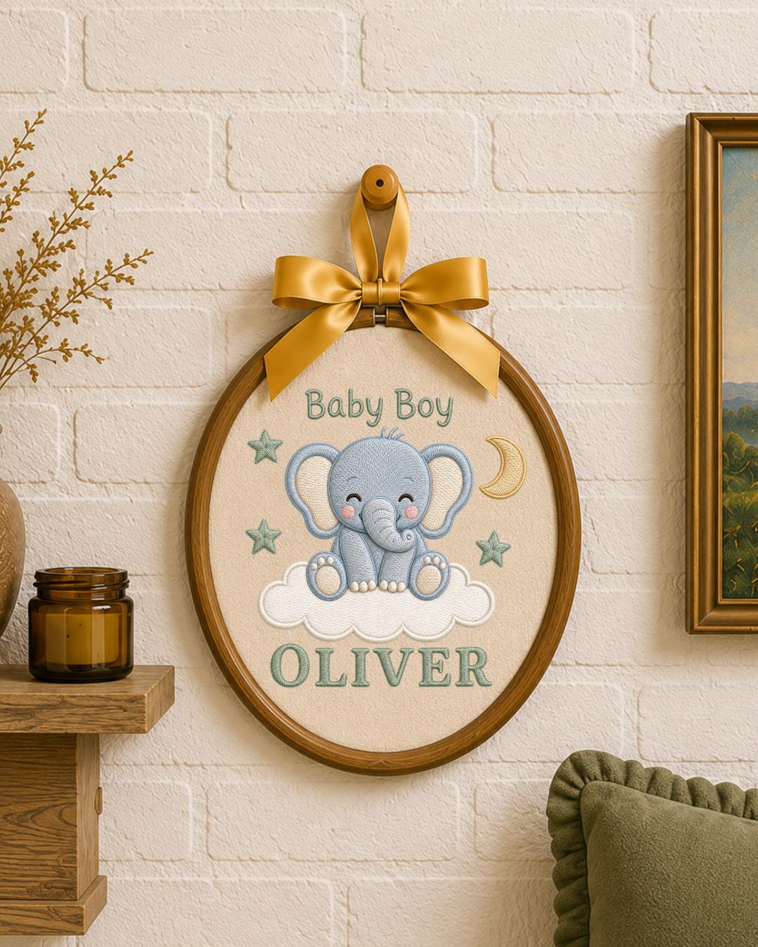 Personalized Baby Elephant Embroidered Ornament, Custom Baby Name Hoop, Baby Boy Nursery Decor, Newborn Gift, Elephant Keepsake