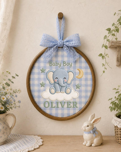 Personalized Baby Elephant Embroidered Ornament, Custom Baby Name Hoop, Baby Boy Nursery Decor, Newborn Gift, Elephant Keepsake