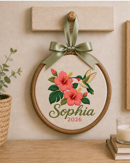 Personalized Hummingbird Embroidered Ornament, Custom Name Floral Hoop, Hibiscus Flower Decor, Tropical Bird Gift, Personalized Keepsake