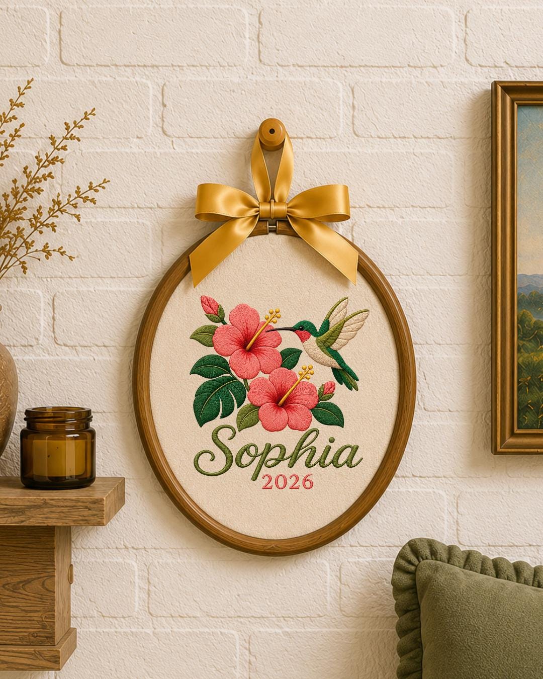 Personalized Hummingbird Embroidered Ornament, Custom Name Floral Hoop, Hibiscus Flower Decor, Tropical Bird Gift, Personalized Keepsake
