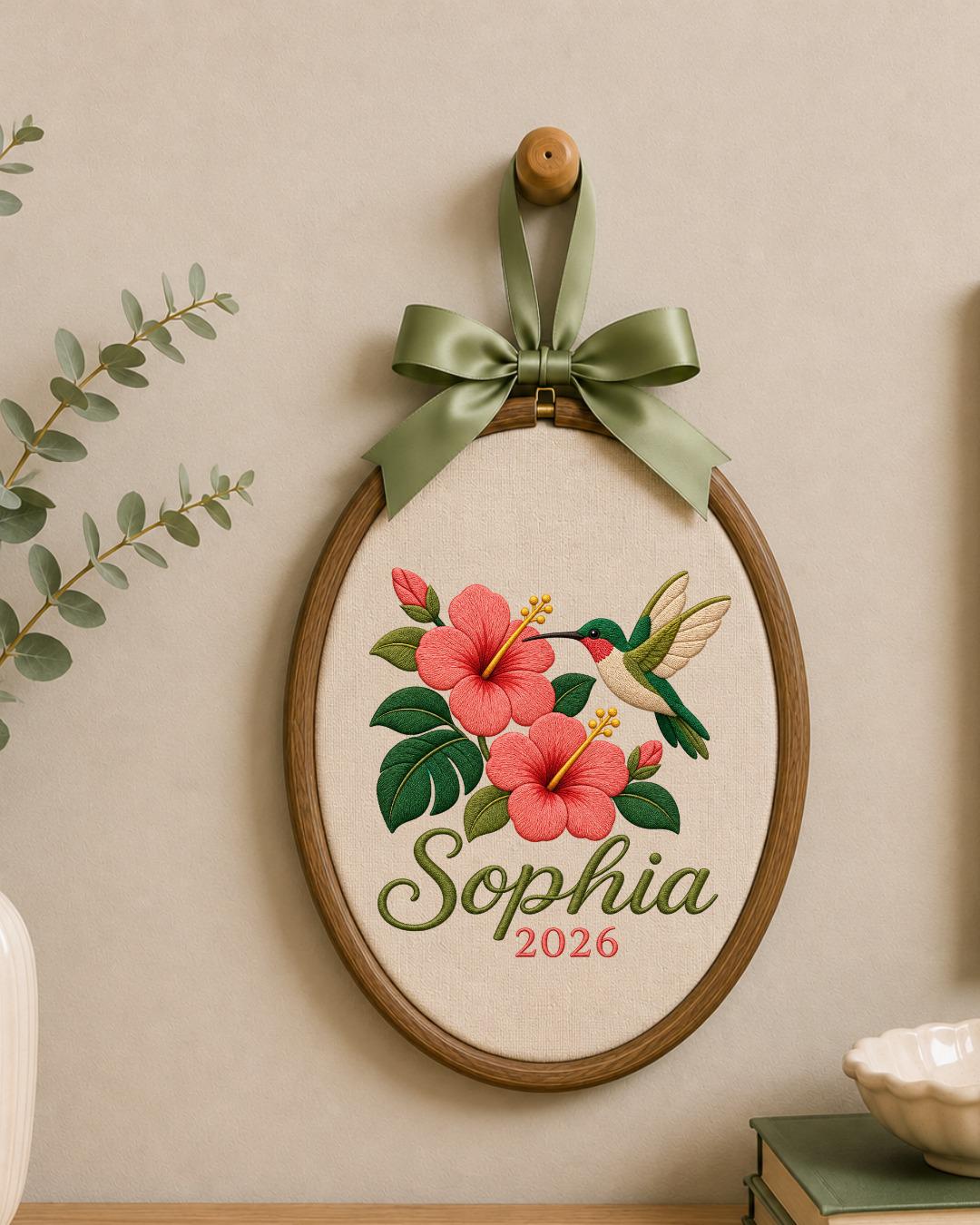 Personalized Hummingbird Embroidered Ornament, Custom Name Floral Hoop, Hibiscus Flower Decor, Tropical Bird Gift, Personalized Keepsake