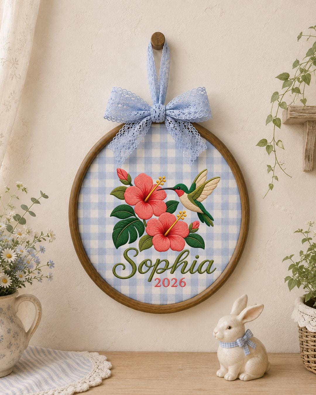 Personalized Hummingbird Embroidered Ornament, Custom Name Floral Hoop, Hibiscus Flower Decor, Tropical Bird Gift, Personalized Keepsake