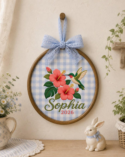 Personalized Hummingbird Embroidered Ornament, Custom Name Floral Hoop, Hibiscus Flower Decor, Tropical Bird Gift, Personalized Keepsake