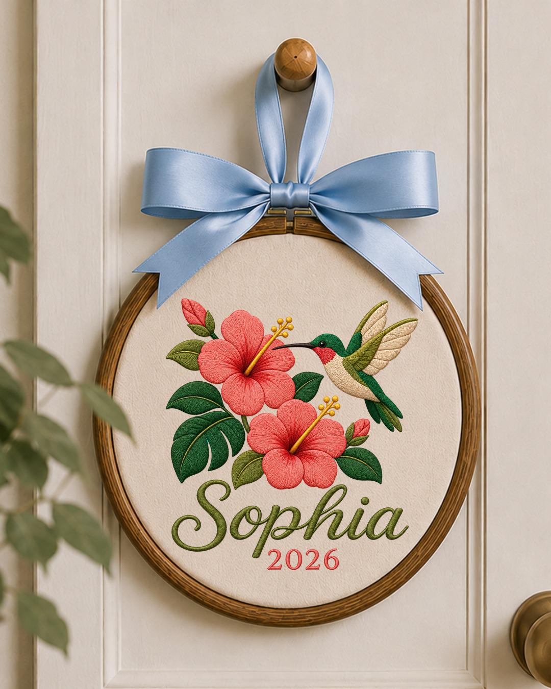 Personalized Hummingbird Embroidered Ornament, Custom Name Floral Hoop, Hibiscus Flower Decor, Tropical Bird Gift, Personalized Keepsake