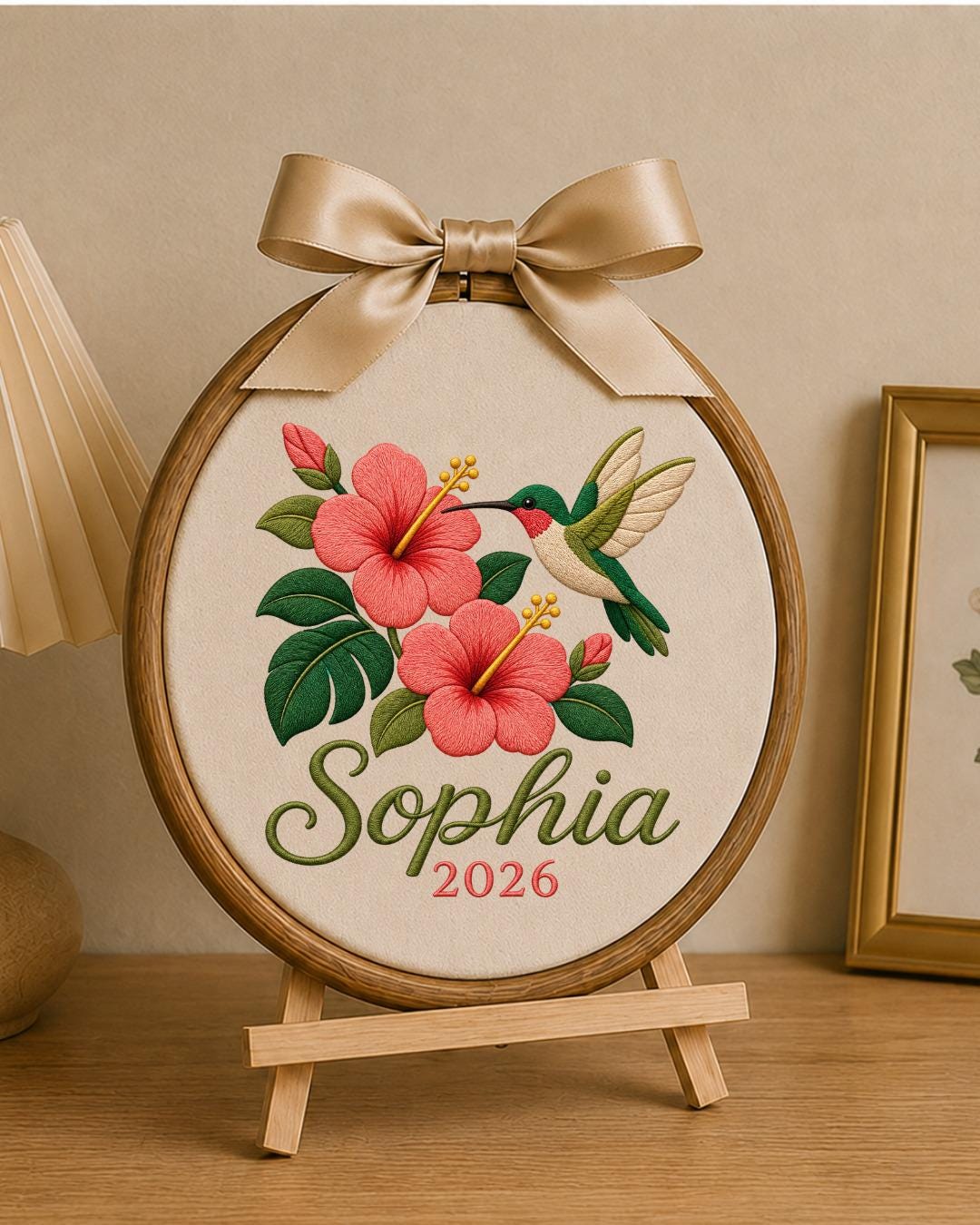 Personalized Hummingbird Embroidered Ornament, Custom Name Floral Hoop, Hibiscus Flower Decor, Tropical Bird Gift, Personalized Keepsake