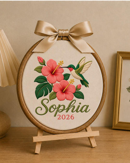 Personalized Hummingbird Embroidered Ornament, Custom Name Floral Hoop, Hibiscus Flower Decor, Tropical Bird Gift, Personalized Keepsake