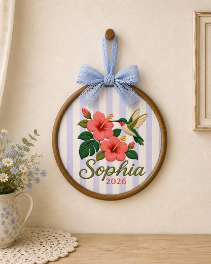 Personalized Hummingbird Embroidered Ornament, Custom Name Floral Hoop, Hibiscus Flower Decor, Tropical Bird Gift, Personalized Keepsake