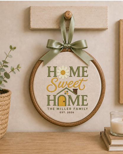 Personalized Home Sweet Home Embroidered Ornament, Custom Family Name Hoop, New Home Gift, Housewarming Keepsake, Family Established Decor