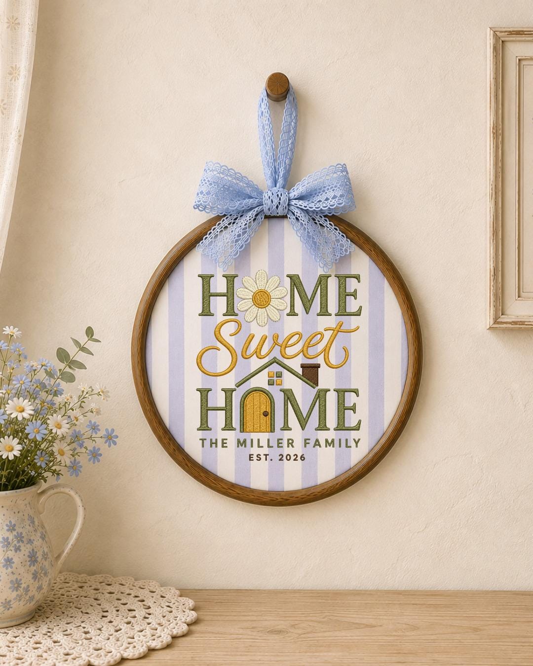 Personalized Home Sweet Home Embroidered Ornament, Custom Family Name Hoop, New Home Gift, Housewarming Keepsake, Family Established Decor