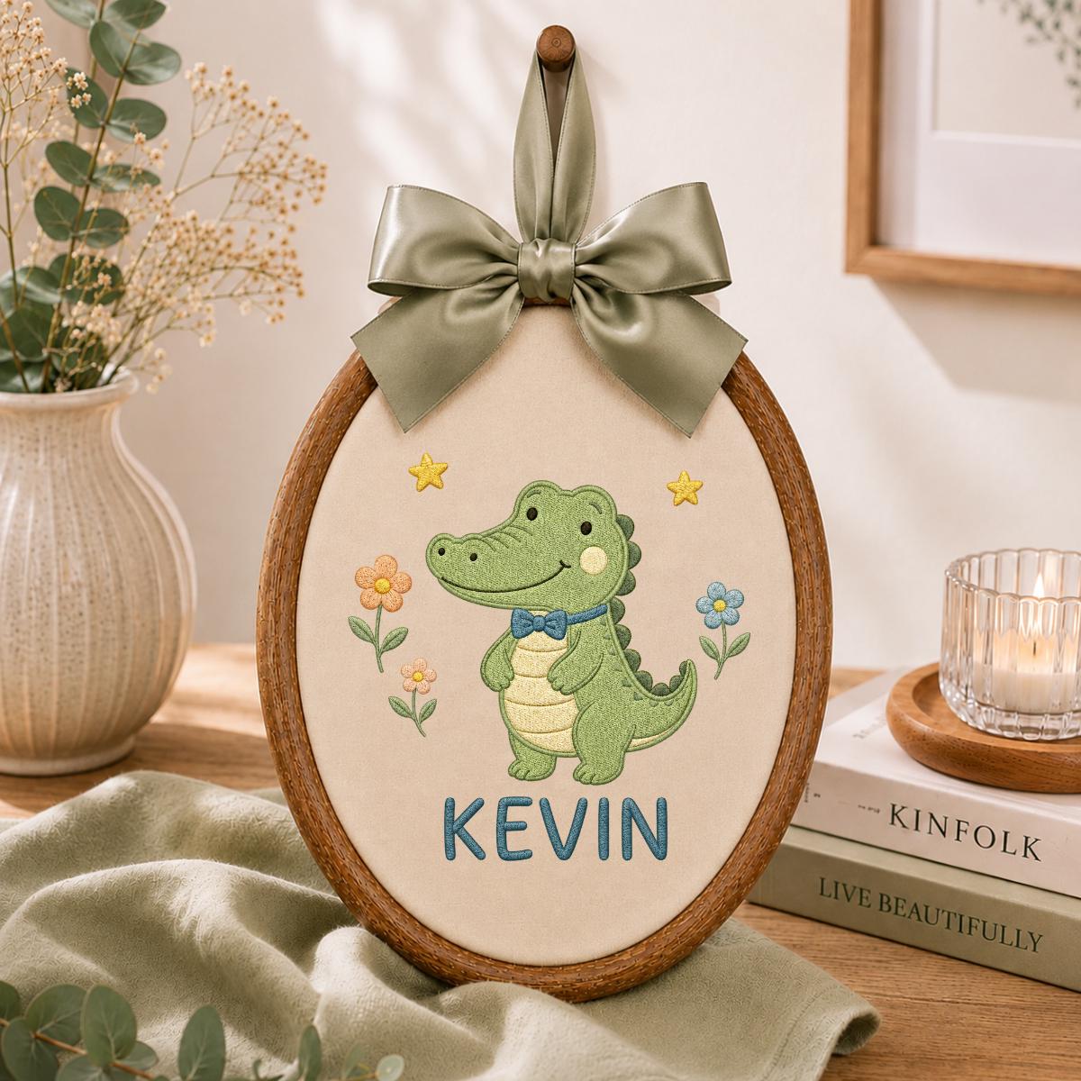 Personalized Cute Crocodile Oval Hoop Decor, Custom Embroidered Alligator Name Sign, Baby Boy Birthday Gift, Safari Nursery Art