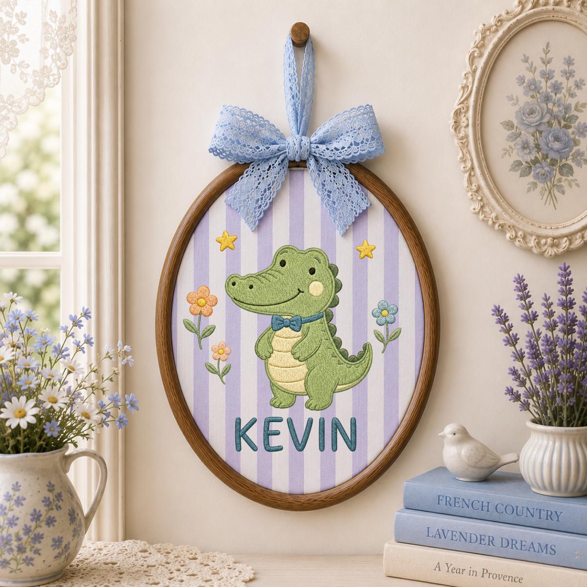 Personalized Cute Crocodile Oval Hoop Decor, Custom Embroidered Alligator Name Sign, Baby Boy Birthday Gift, Safari Nursery Art