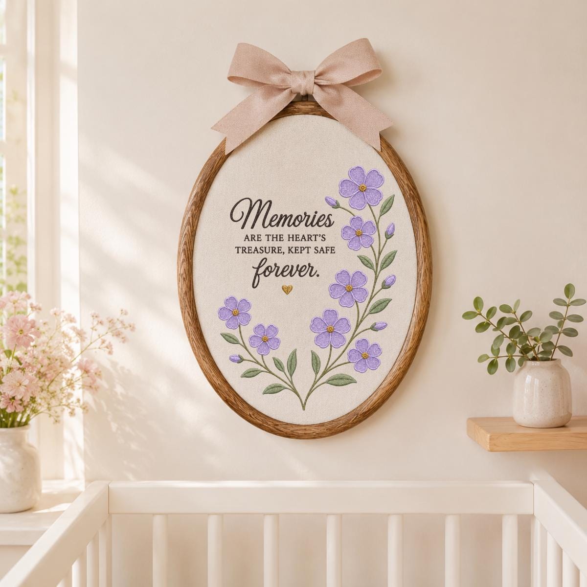 Memorial Wall Art Round Hoop Decor, Embroidered Purple Floral Memories Are The Hearts Treasure Sign, Sympathy Loss of Loved One Gift