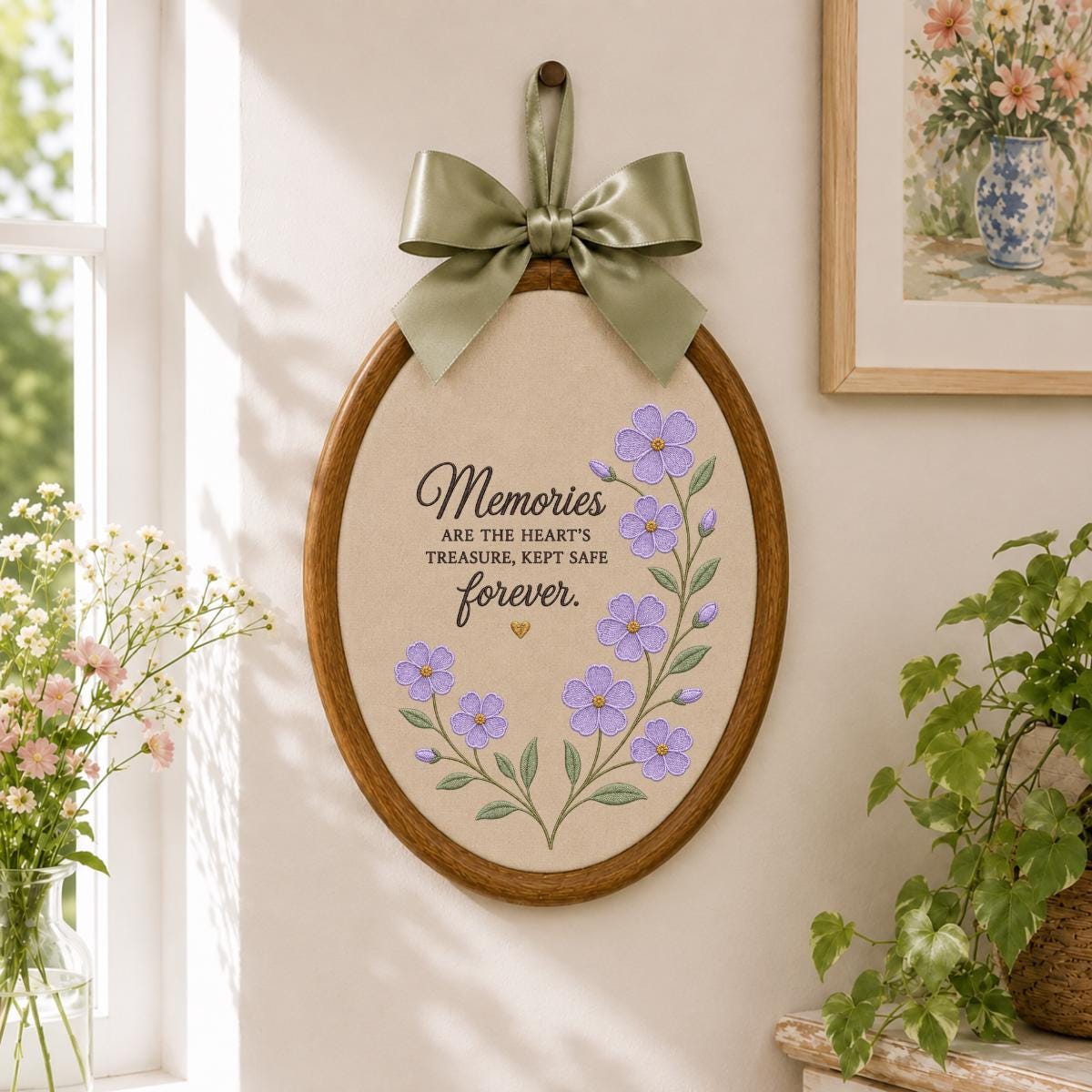 Memorial Wall Art Round Hoop Decor, Embroidered Purple Floral Memories Are The Hearts Treasure Sign, Sympathy Loss of Loved One Gift