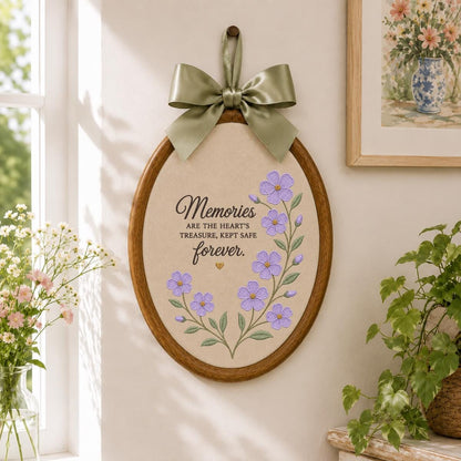 Memorial Wall Art Round Hoop Decor, Embroidered Purple Floral Memories Are The Hearts Treasure Sign, Sympathy Loss of Loved One Gift