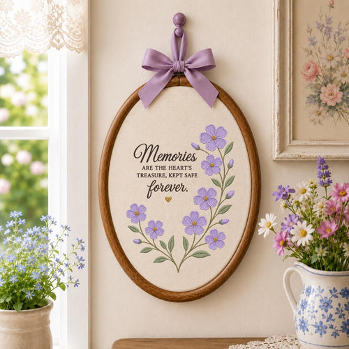 Memorial Wall Art Round Hoop Decor, Embroidered Purple Floral Memories Are The Hearts Treasure Sign, Sympathy Loss of Loved One Gift