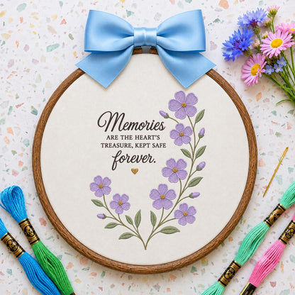 Memorial Wall Art Round Hoop Decor, Embroidered Purple Floral Memories Are The Hearts Treasure Sign, Sympathy Loss of Loved One Gift