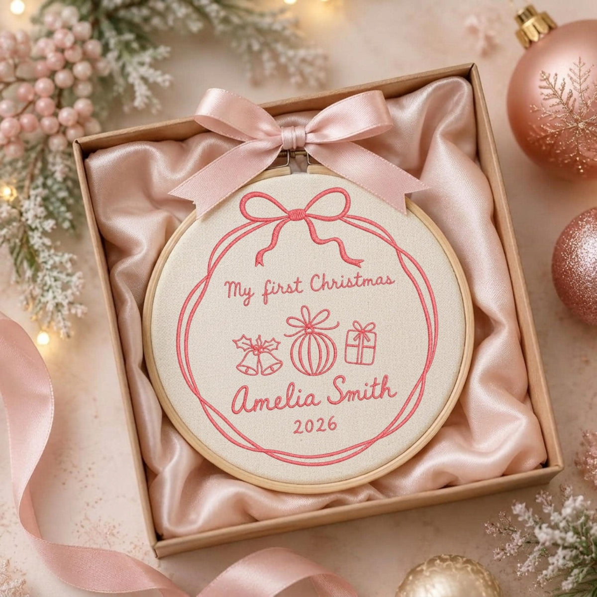 May include: A round wooden embroidery hoop containing cream fabric with pink embroidered text reading My first Christmas Amelia Smith 2026, featuring icons of bells, an ornament, and a gift, topped with a pink satin ribbon bow in a gift box.