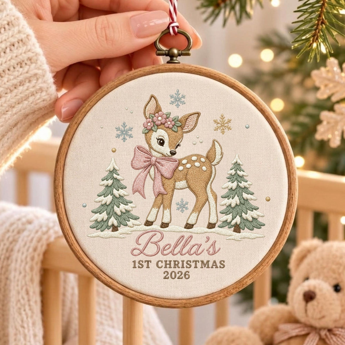May include: A round wooden embroidery hoop containing a fabric panel with a stitched fawn wearing a pink floral crown and bow. The design includes two pine trees, snowflakes, and the text Bella's 1ST CHRISTMAS 2026 in pink and brown thread.