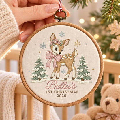 May include: A round wooden embroidery hoop containing a fabric panel with a stitched fawn wearing a pink floral crown and bow. The design includes two pine trees, snowflakes, and the text Bella's 1ST CHRISTMAS 2026 in pink and brown thread.