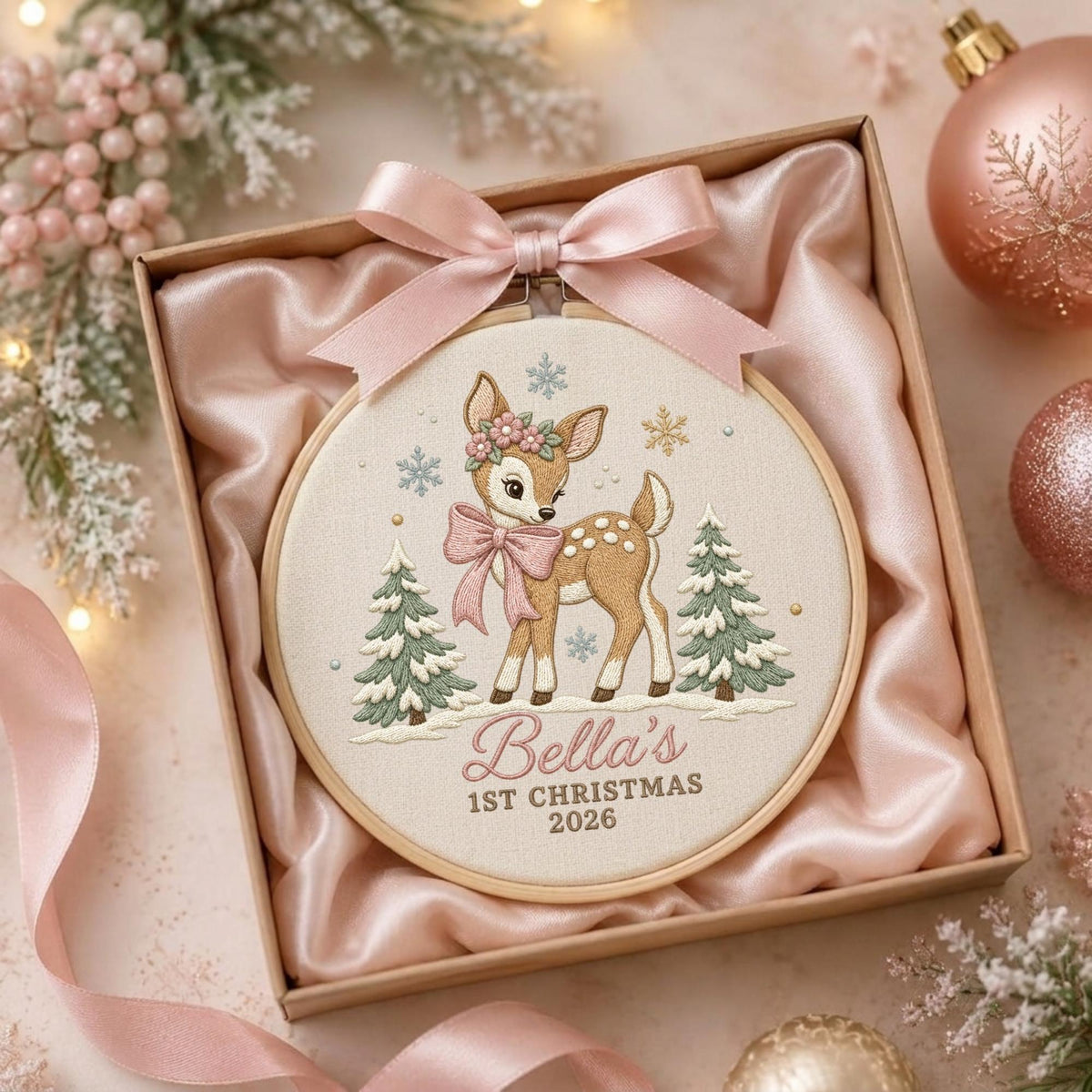 May include: A round wooden embroidery hoop containing fabric with a stitched fawn wearing a floral crown and pink bow, flanked by two pine trees and snowflakes. The text reads Bella's 1ST CHRISTMAS 2026. A pink satin ribbon is tied to the top of the hoop.