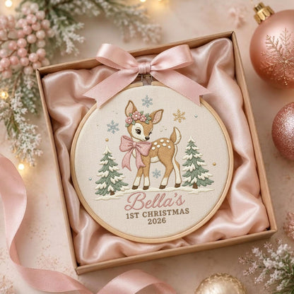 May include: A round wooden embroidery hoop containing fabric with a stitched fawn wearing a floral crown and pink bow, flanked by two pine trees and snowflakes. The text reads Bella's 1ST CHRISTMAS 2026. A pink satin ribbon is tied to the top of the hoop.