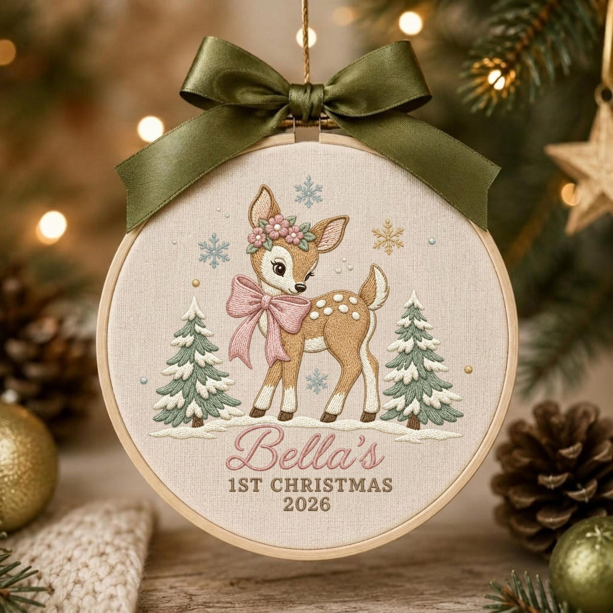 May include: A circular embroidery hoop ornament featuring a fawn with a pink bow and flower crown, flanked by two pine trees. The text reads Bella's 1ST CHRISTMAS 2026. The hoop is topped with a dark olive green satin ribbon bow for hanging.