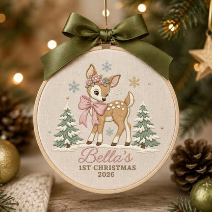 May include: A circular embroidery hoop ornament featuring a fawn with a pink bow and flower crown, flanked by two pine trees. The text reads Bella's 1ST CHRISTMAS 2026. The hoop is topped with a dark olive green satin ribbon bow for hanging.