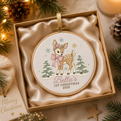May include: A round embroidery hoop ornament featuring a fawn with a pink bow and flower crown, flanked by two pine trees and snowflakes. The text reads Bella's 1ST CHRISTMAS 2026. The ornament is presented in a square box lined with champagne satin fabric.