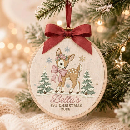 May include: A round wooden embroidery hoop ornament featuring a fawn with a pink bow and flower crown, flanked by two pine trees and snowflakes. The text reads Bella's 1ST CHRISTMAS 2026. A dark red satin ribbon bow is attached to the top.