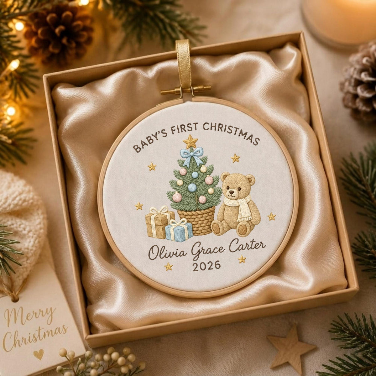 May include: A round wooden embroidery hoop ornament featuring a cream fabric center with a printed design of a Christmas tree, a teddy bear, and gift boxes. The text reads BABY'S FIRST CHRISTMAS, Olivia Grace Carter, and the year 2026.