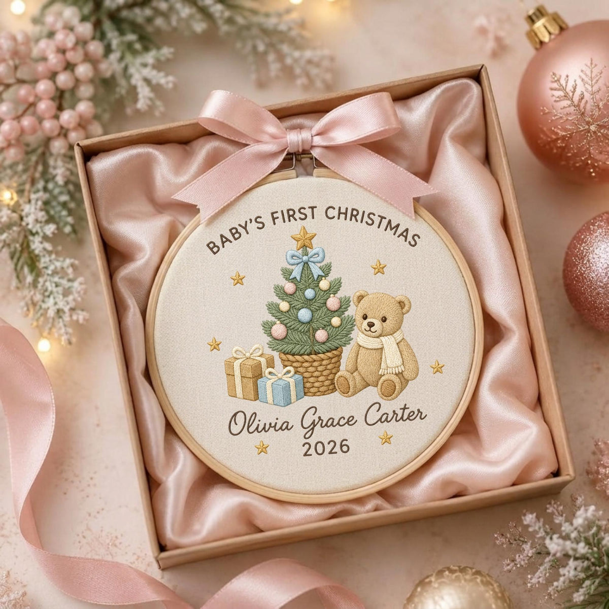 May include: A round wooden embroidery hoop containing cream-colored fabric with an embroidered Christmas tree, a teddy bear, and gift boxes. The text reads BABY'S FIRST CHRISTMAS, Olivia Grace Carter, and 2026. A light pink satin ribbon is tied at the top.