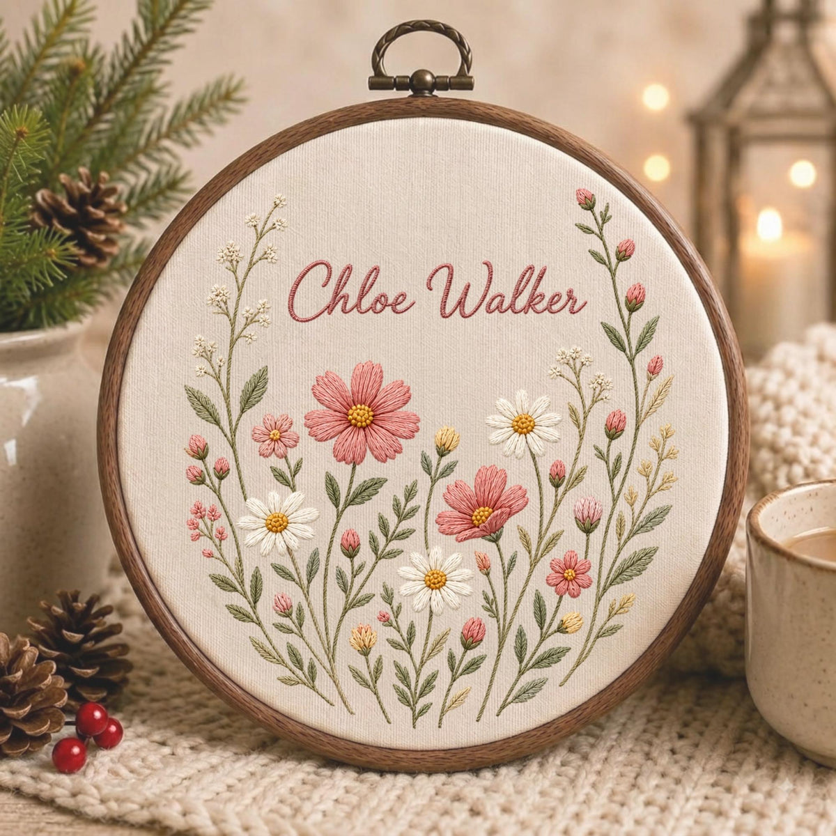 May include: A circular wooden embroidery hoop containing cream-colored fabric with hand-stitched floral designs in pink, white, and yellow. The name Chloe Walker is embroidered in pink script above the flowers, which feature green stems and leaves.