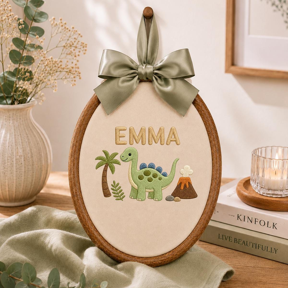 Personalized Cute Dinosaur Round Hoop Decor, Custom Embroidered Brontosaurus Name Sign, Baby Boy Girl Birthday Gift, Nursery Wall Art