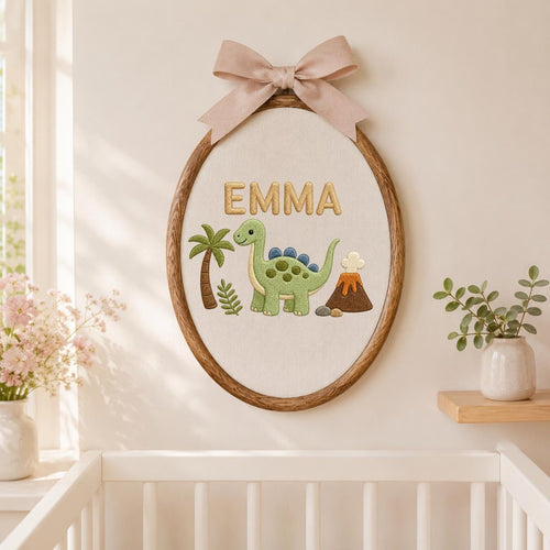 Personalized Cute Dinosaur Round Hoop Decor, Custom Embroidered Brontosaurus Name Sign, Baby Boy Girl Birthday Gift, Nursery Wall Art