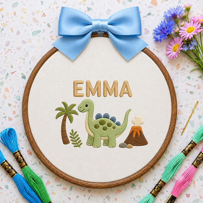 Personalized Cute Dinosaur Round Hoop Decor, Custom Embroidered Brontosaurus Name Sign, Baby Boy Girl Birthday Gift, Nursery Wall Art
