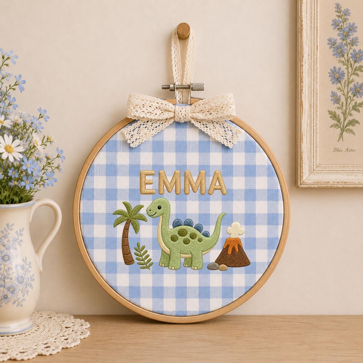 Personalized Cute Dinosaur Round Hoop Decor, Custom Embroidered Brontosaurus Name Sign, Baby Boy Girl Birthday Gift, Nursery Wall Art