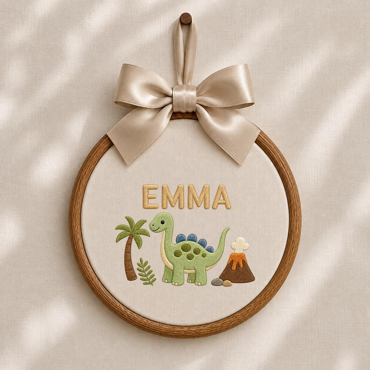 Personalized Cute Dinosaur Round Hoop Decor, Custom Embroidered Brontosaurus Name Sign, Baby Boy Girl Birthday Gift, Nursery Wall Art