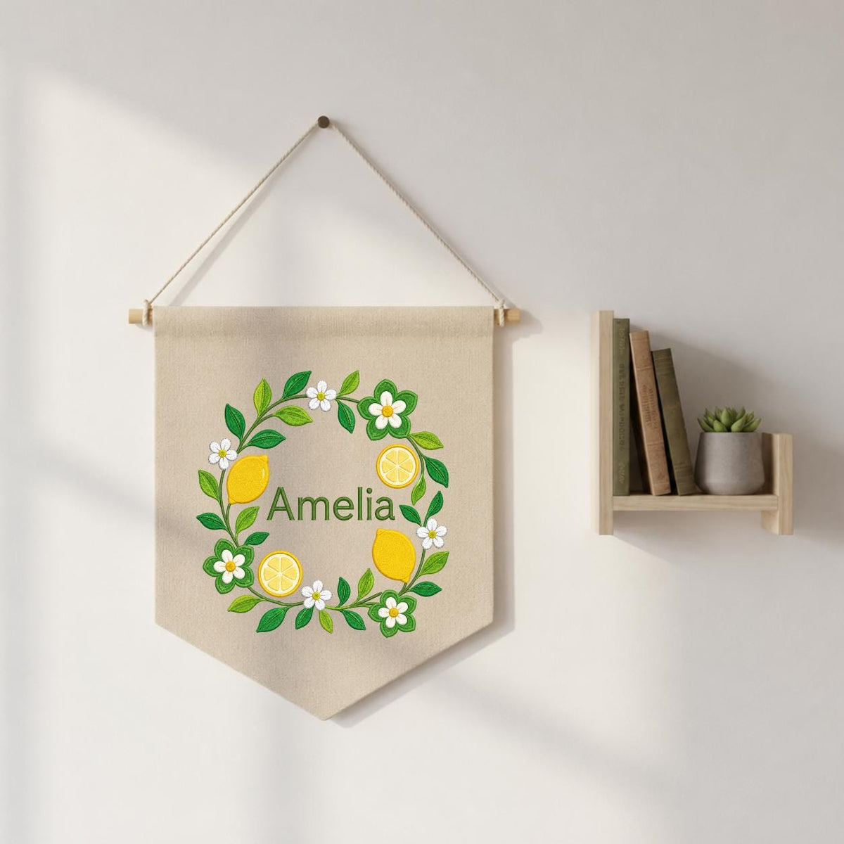 Personalized Citrus Lemon Canvas Pennant Banner Decor, Custom Embroidered Floral Fruit Name Sign, Housewarming Gift, Baby Shower Decor