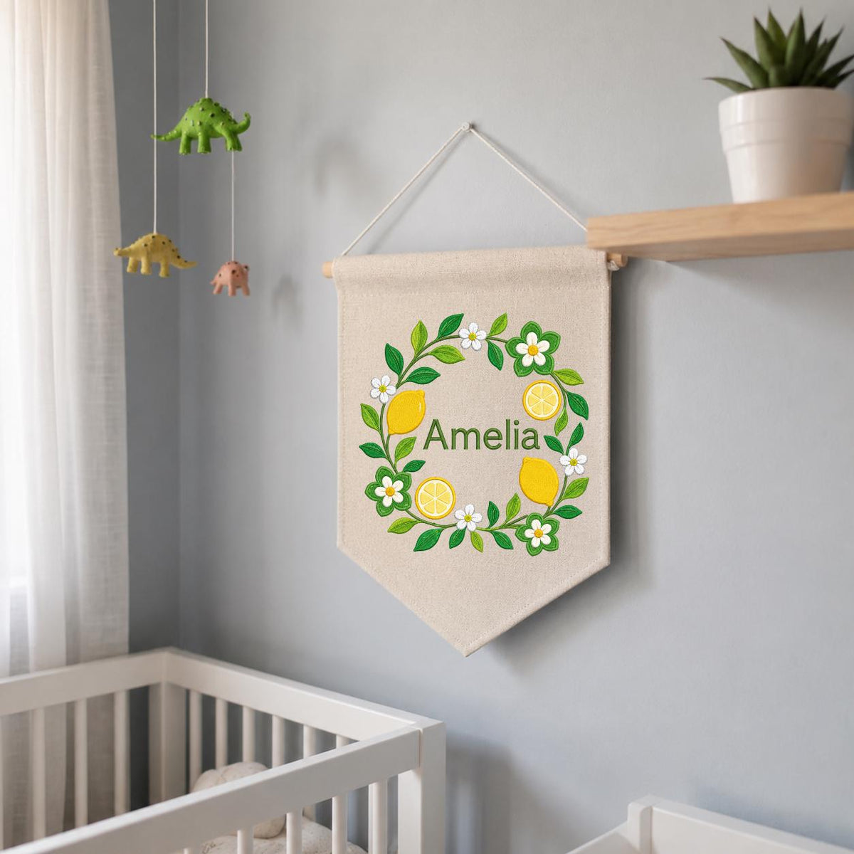 Personalized Citrus Lemon Canvas Pennant Banner Decor, Custom Embroidered Floral Fruit Name Sign, Housewarming Gift, Baby Shower Decor