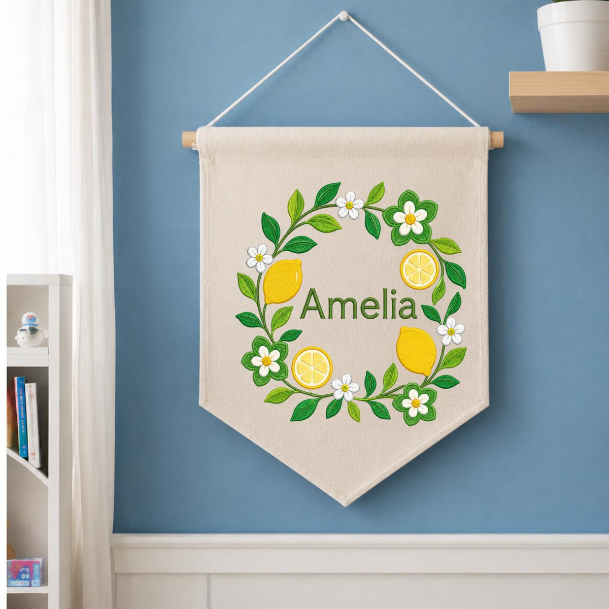 Personalized Citrus Lemon Canvas Pennant Banner Decor, Custom Embroidered Floral Fruit Name Sign, Housewarming Gift, Baby Shower Decor